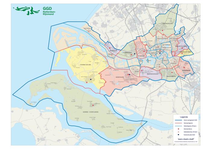 Kaart met het werkgebied van de GGD Rotterdam-Rijnmond