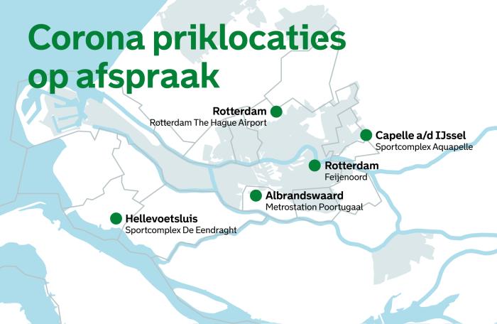 Kaartje van de coronapriklocaties in de regio.
