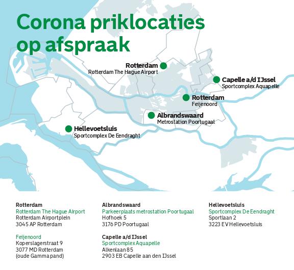 Een overzicht van de coronapriklocaties in de regio Rotterdam-Rijnmond